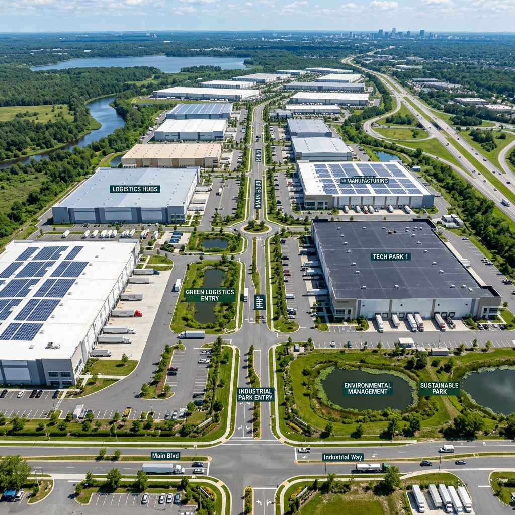 Vista aérea de un parque industrial en el corredor Bajío